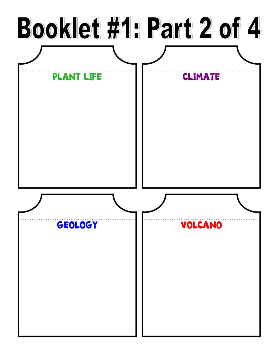 Color Yellowstone booklet, part 2 of 4: writing pages labeled Plant Life, Climate, Geology, and Volcano