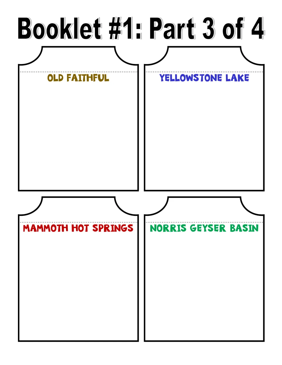 Color Yellowstone booklet writing pages: Old Faithful, Yellowstone Lake, Mammoth Hot Springs, Norris Geyser Basin