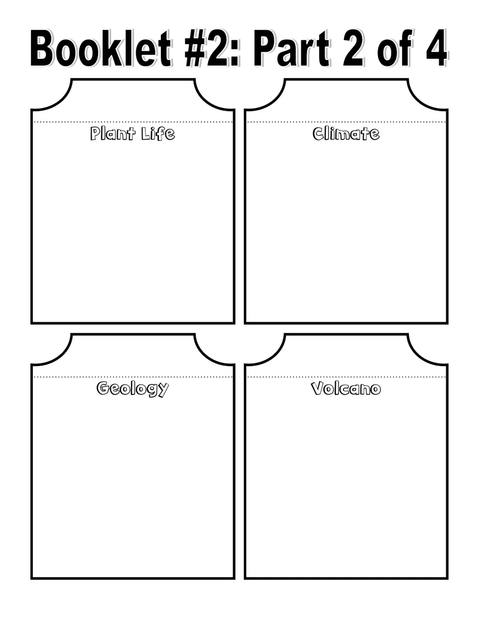 Black-and-white Yellowstone booklet, part 2 of 4: writing pages for Plant Life, Climate, Geology, and Volcano