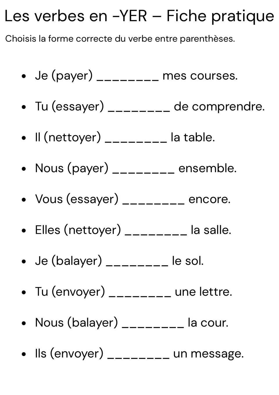 French -YER verb practice: complete 10 sentences using payer (pay), essayer (try) and three more verbs