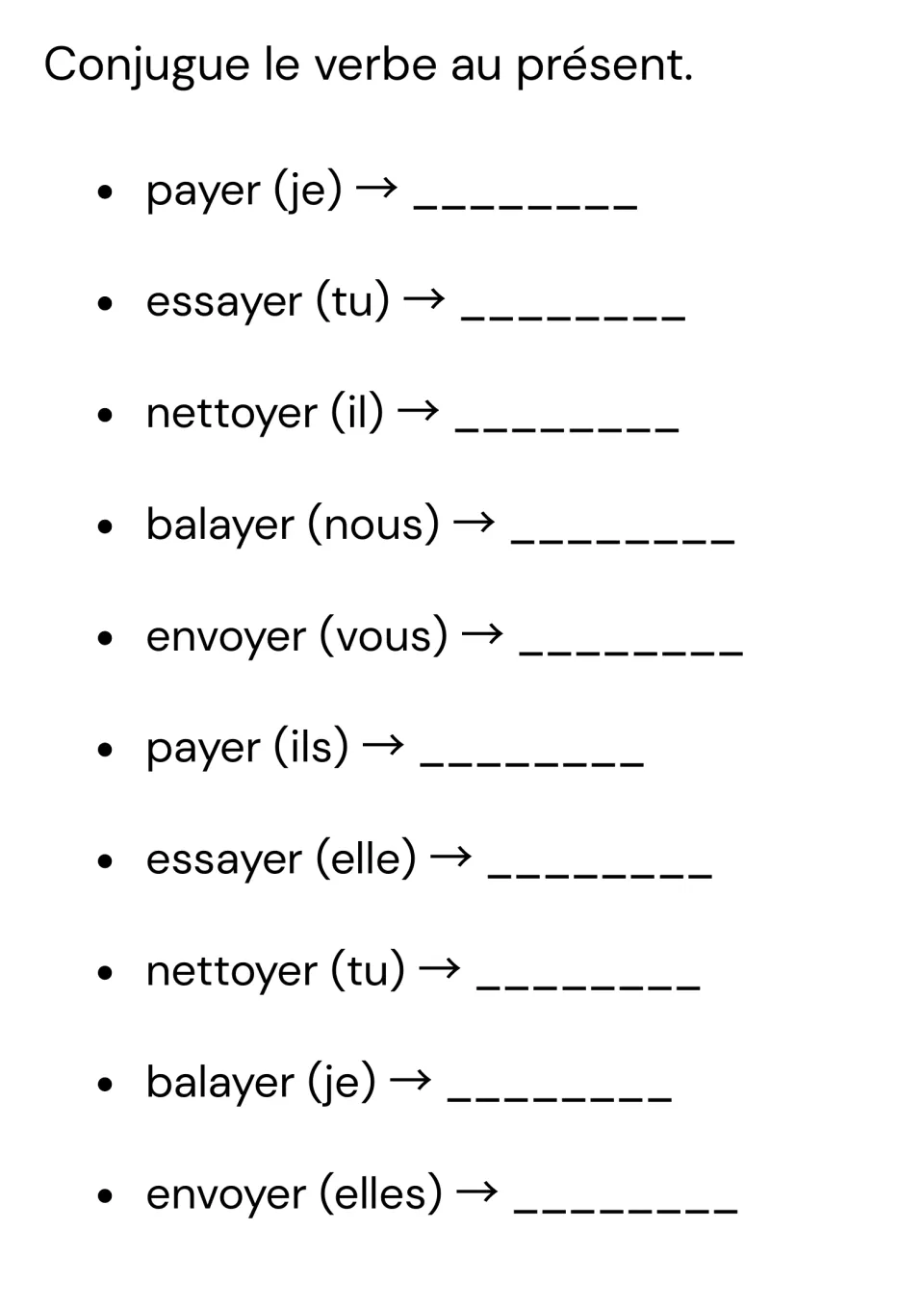 French conjugation practice: 10 present-tense prompts, including payer (je) and envoyer (vous)