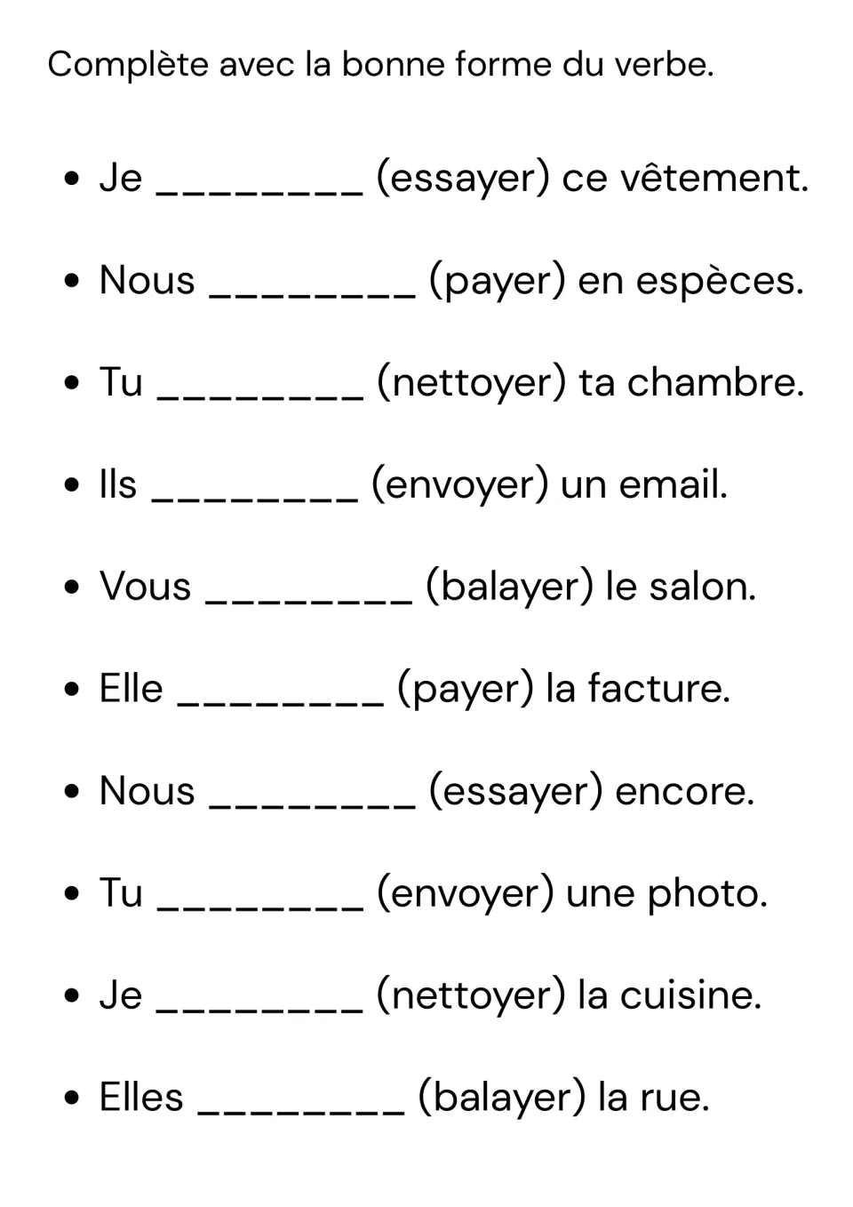 French sentence completion: 10 prompts using essayer (try), payer (pay), nettoyer (clean) and two more