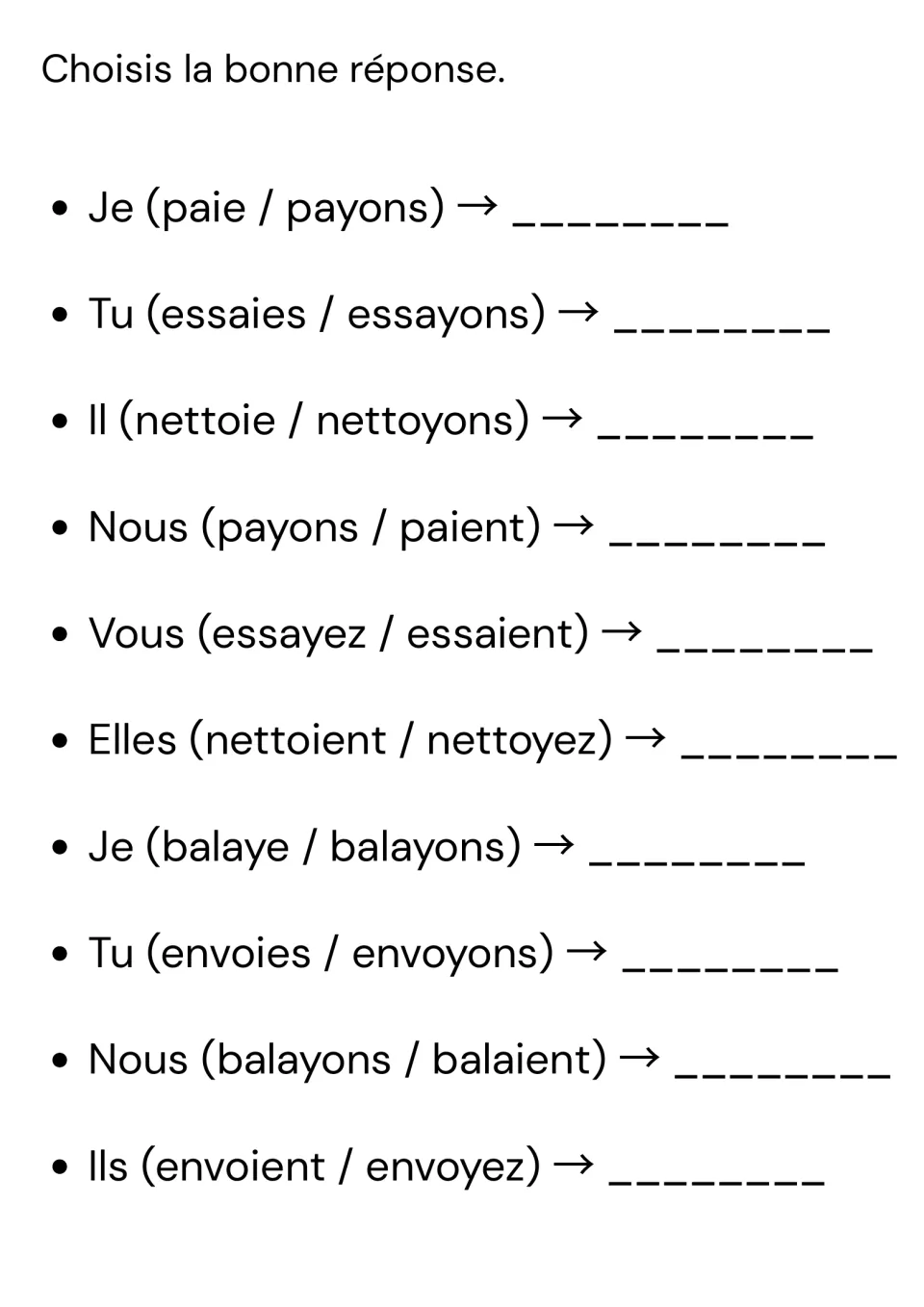 French verb multiple choice: 10 items including Je (paie / payons) and Tu (envoies / envoyons)