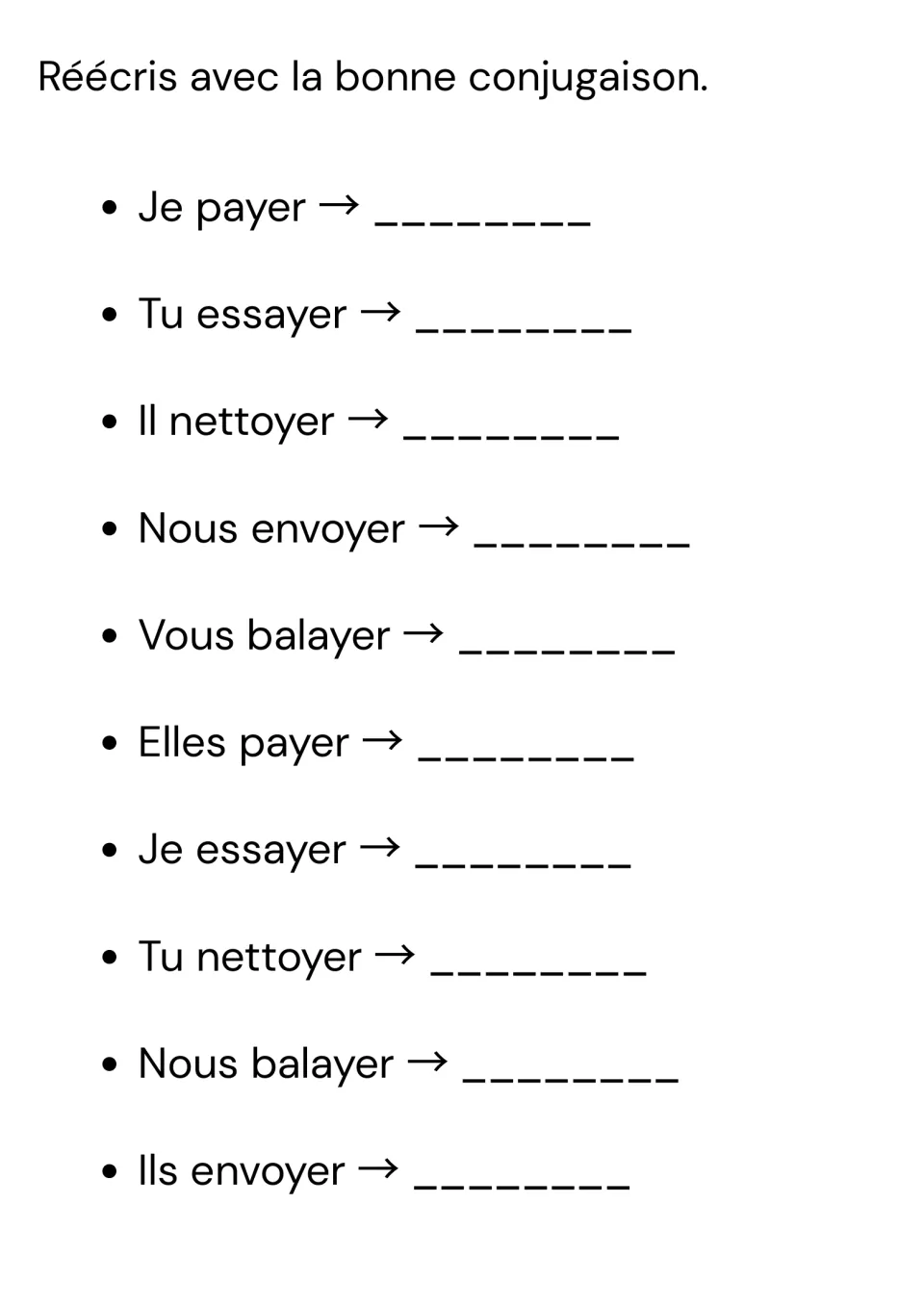 French verb rewriting practice: conjugate 10 prompts, including Je payer and Nous envoyer (send)