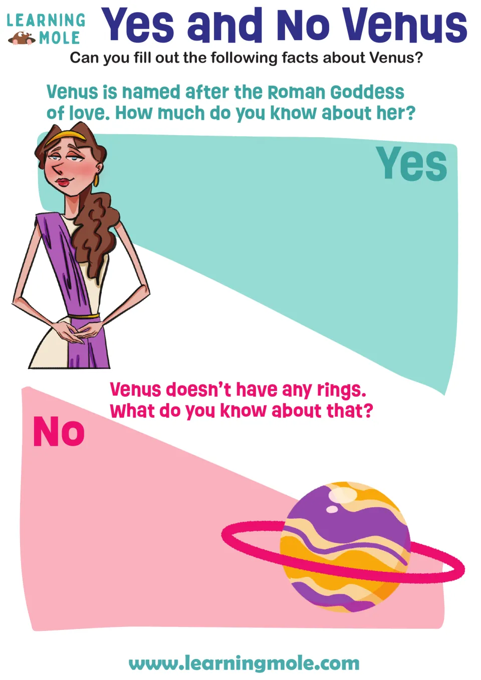 Venus fact activity asking about its namesake, the Roman goddess of love, and its lack of rings.