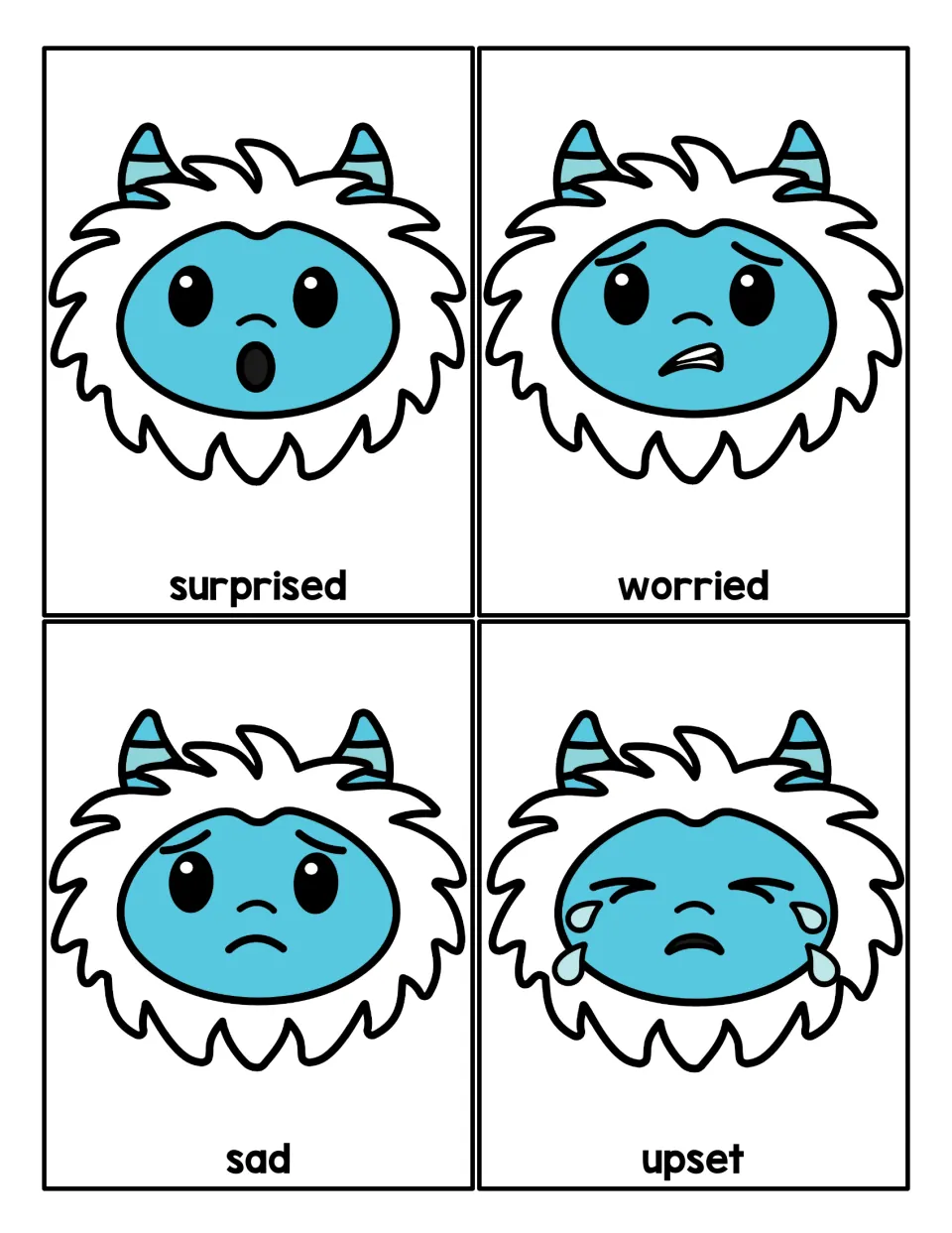 Feelings cards: four blue yetis with faces showing surprised, worried, sad and upset, each feeling word printed below