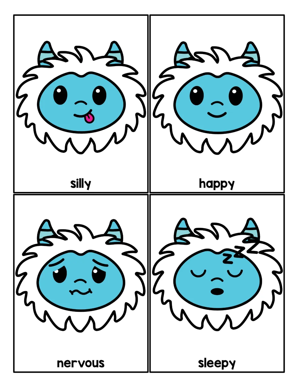 Feelings cards: yeti faces showing silly with tongue out, happy smile, nervous wobbly mouth and sleepy closed eyes