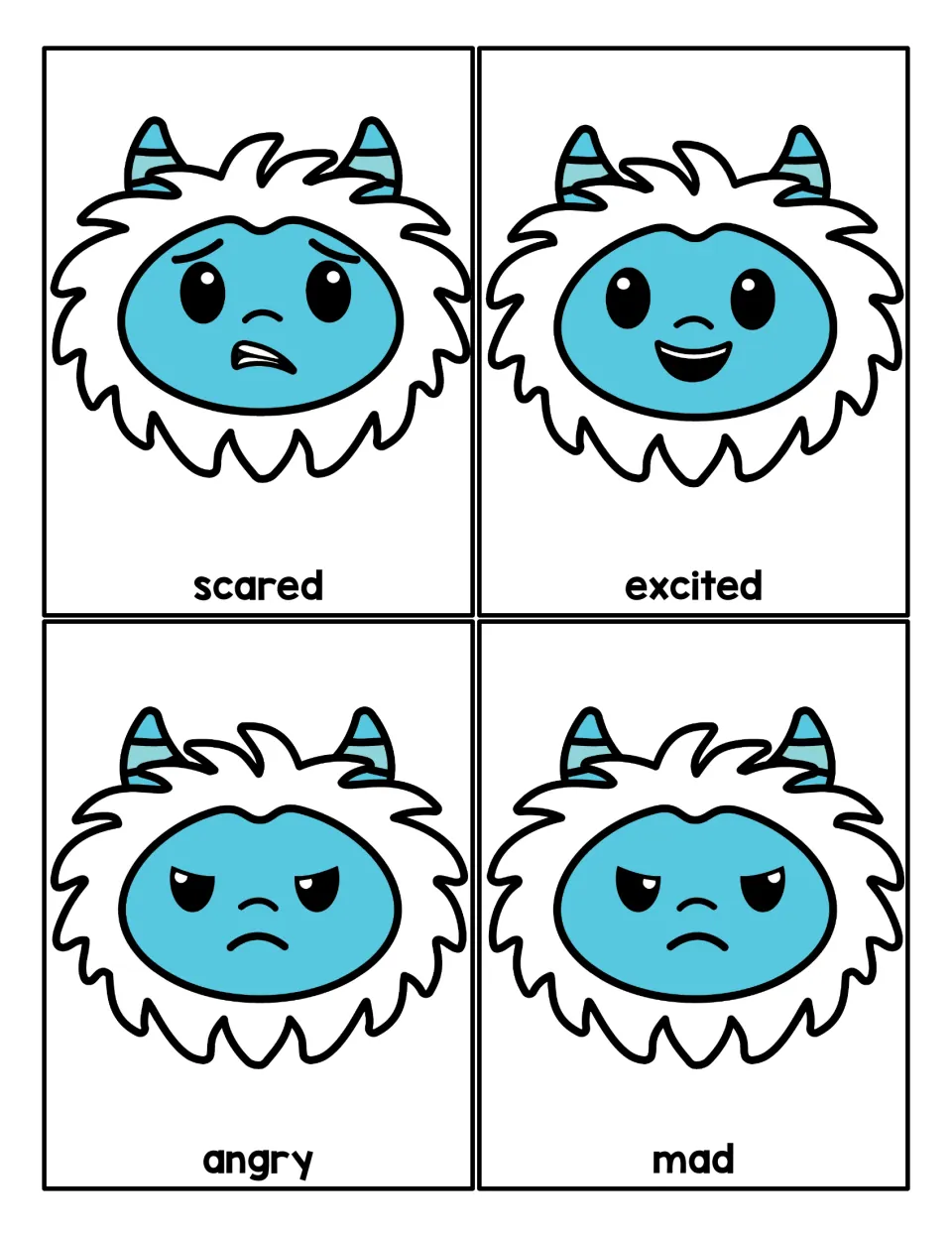 Feelings cards: yetis showing scared, excited, angry and mad, each facial expression labeled with its emotion word