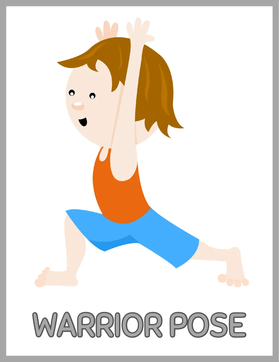 Warrior Pose yoga poster: a child lunges with front knee bent and back leg stretched long, both arms reaching straight up