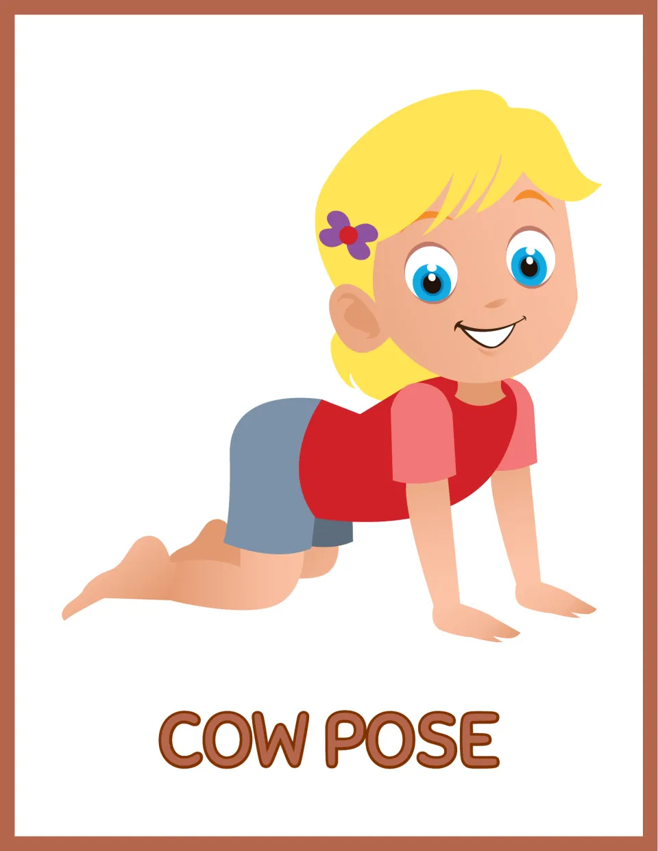 Cow Pose yoga poster: a smiling girl on hands and knees lifts her head and chest forward, letting her back dip down