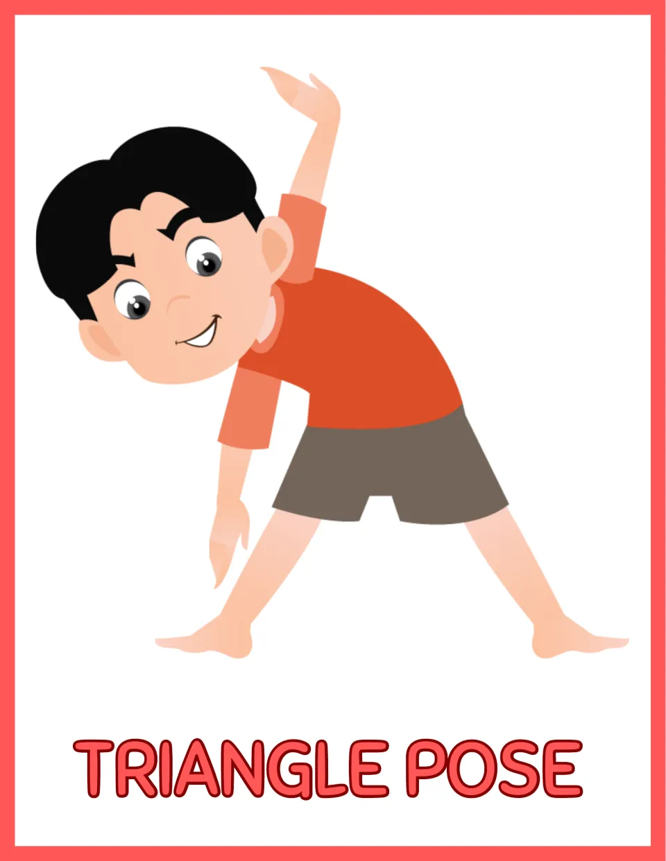Triangle Pose yoga poster: a boy stands with feet wide apart, leans sideways, one hand toward his foot, other arm up
