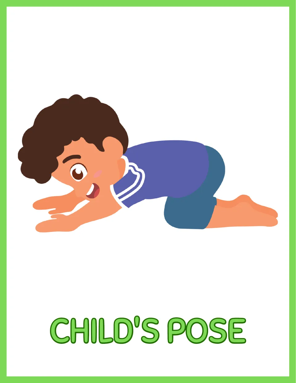 Child's Pose yoga poster: a child kneels and folds forward over the knees, arms stretched out flat along the floor