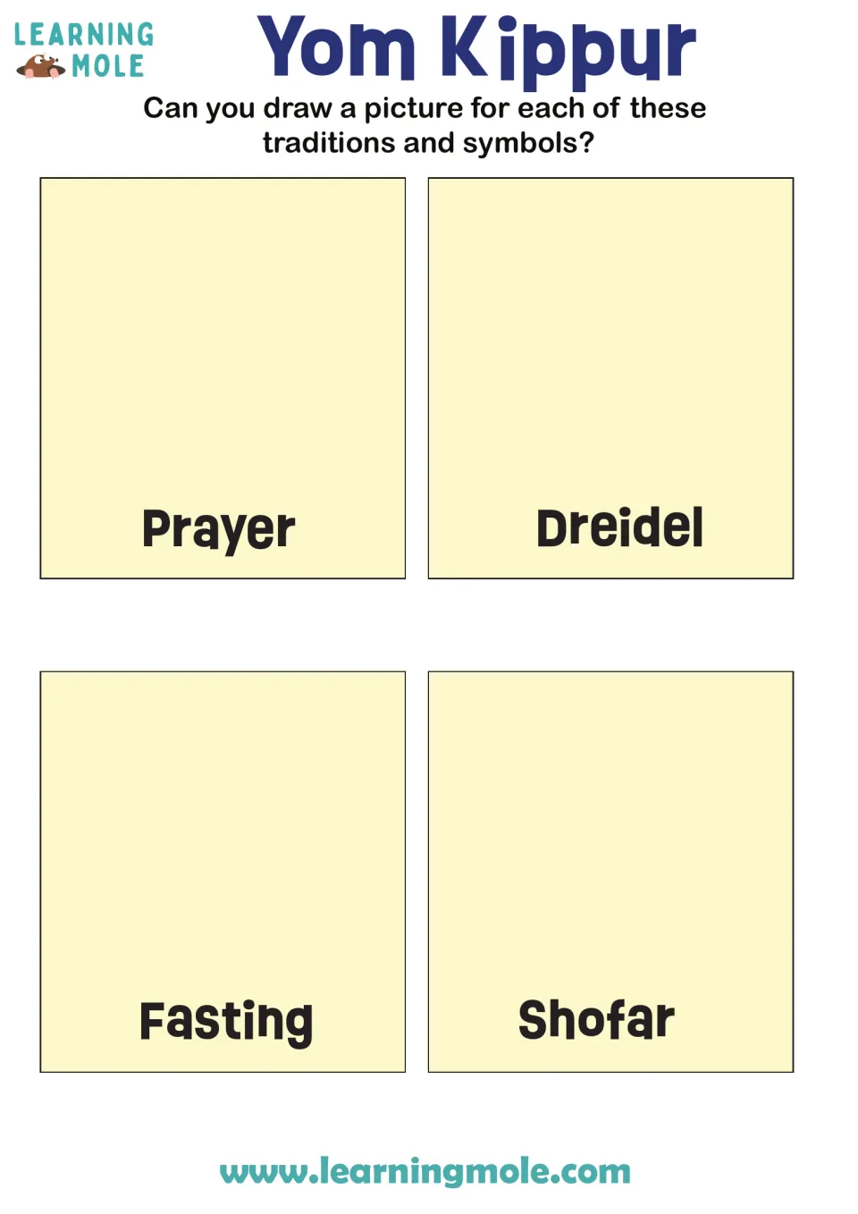 Yom Kippur traditions and symbols: students draw a picture for each of four labels: prayer, dreidel, fasting and shofar