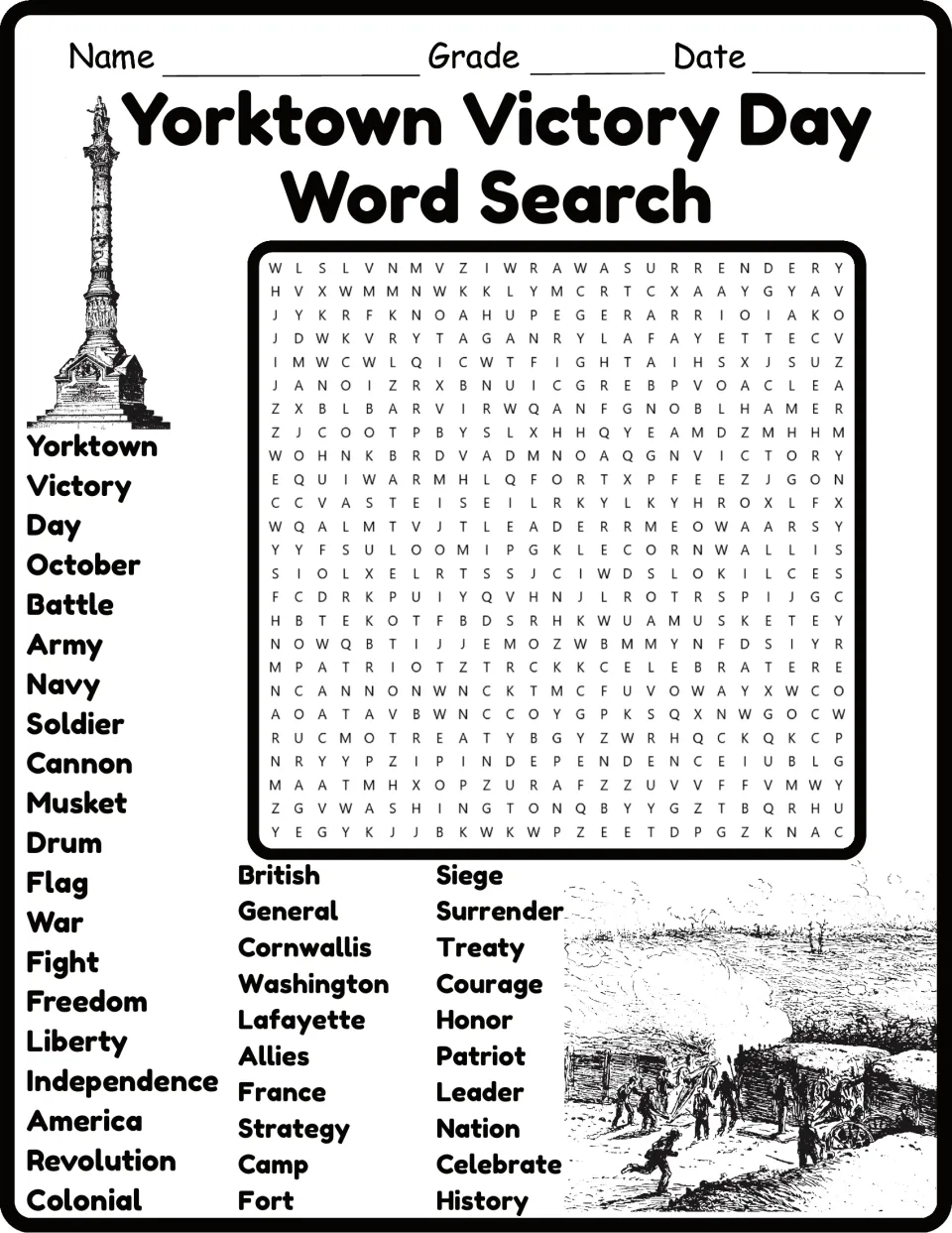 Yorktown Victory Day Word Search: 40 words to find, including Cornwallis, Washington, Lafayette and Treaty