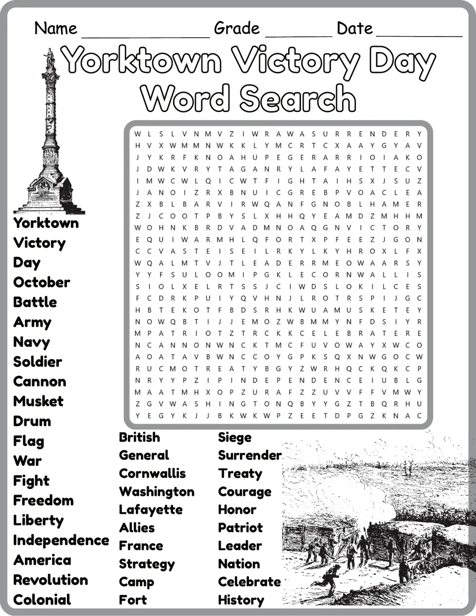 Alternate Yorktown word search version with the same 40 words, including Independence, Patriot and Siege