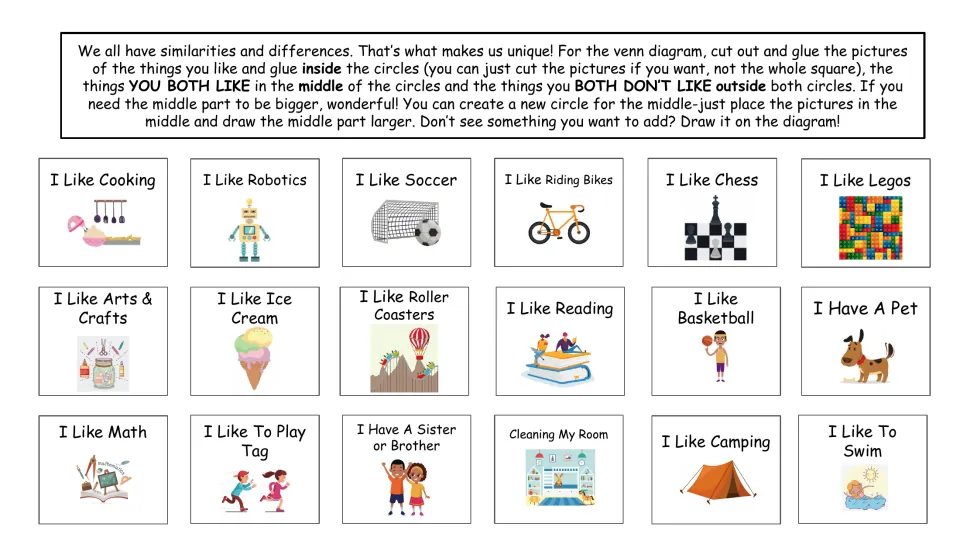 Picture-choice sheet: 18 items including cooking, robotics, soccer, and chess, plus directions for the Venn diagram.