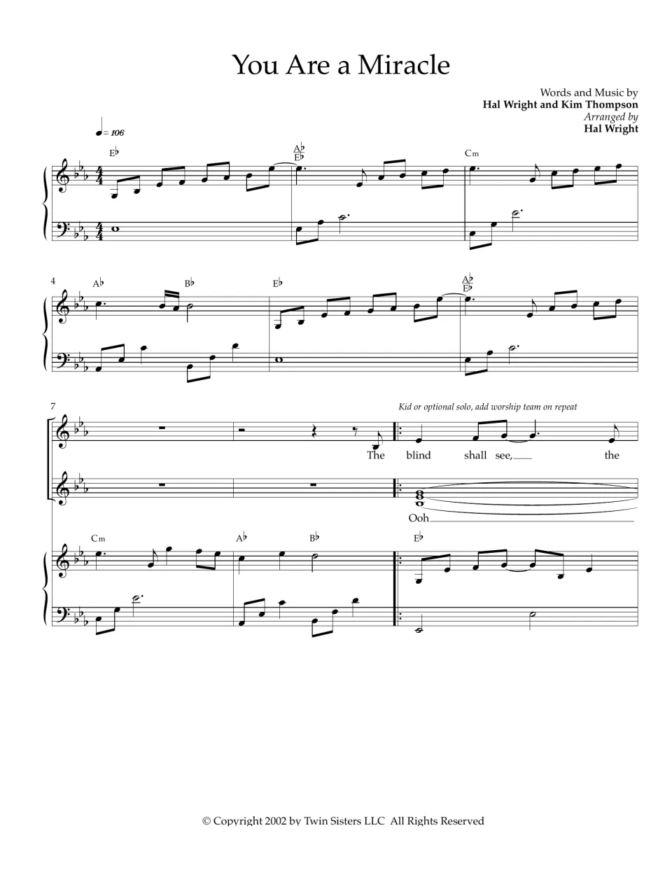 Sheet music opening for You Are a Miracle in E-flat: piano intro, then a solo verse begins 'The blind shall see'