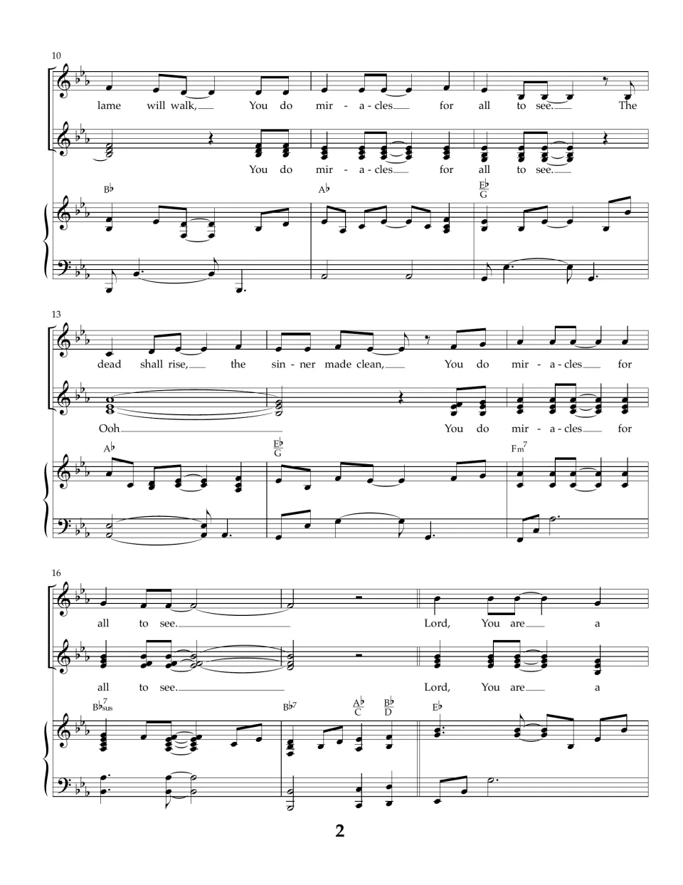 Vocal score bars 10-18: soloist and choir sing 'You do miracles for all to see,' then the refrain starts with 'Lord'