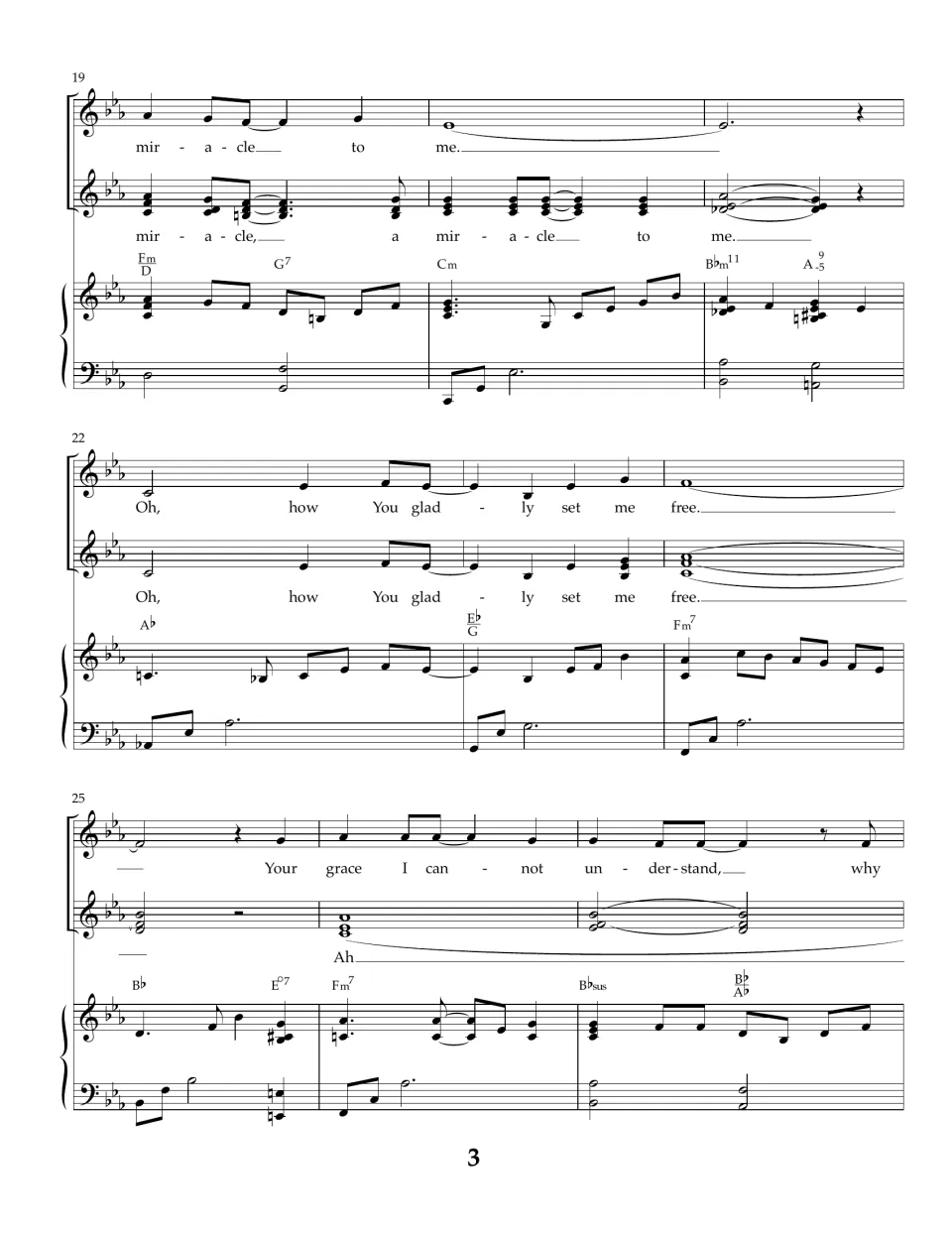 Vocal and piano score bars 19-27: refrain ends 'to me,' then 'Oh, how You gladly set me free' and 'Your grace'