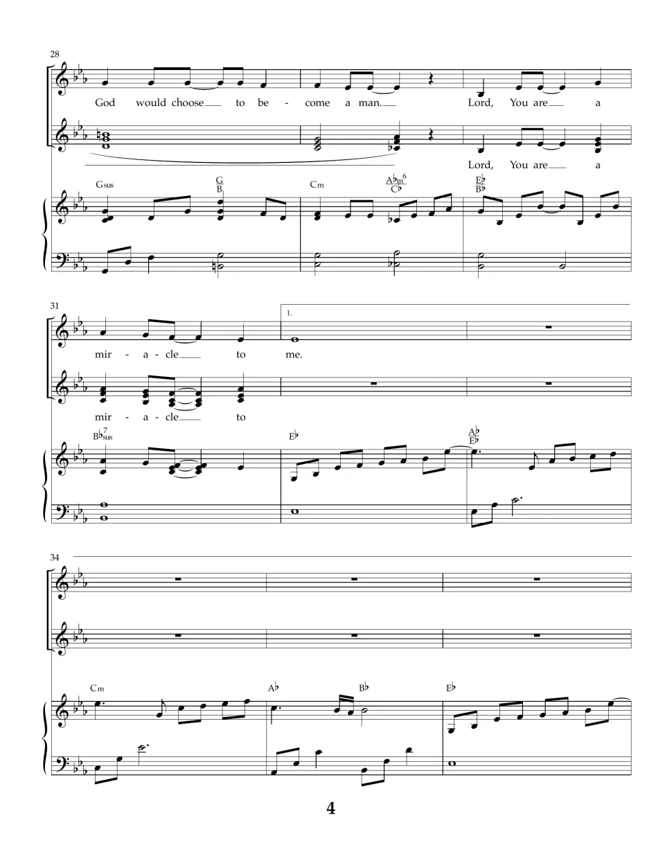 Score bars 28-36: 'God would choose to become a man' leads into the first ending, then a piano-only interlude