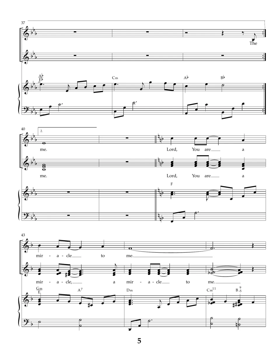 Score bars 37-45: repeat back to the verse, second ending, then a key change to F major for the last refrain