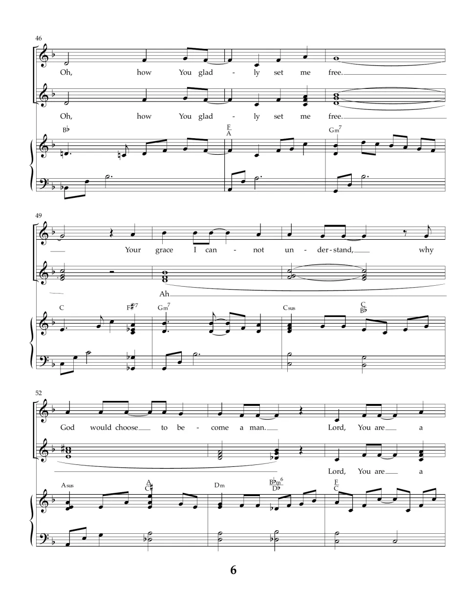 Bars 46-54 in F major: soloist and choir repeat 'Oh, how You gladly set me free' and 'Your grace I cannot understand'