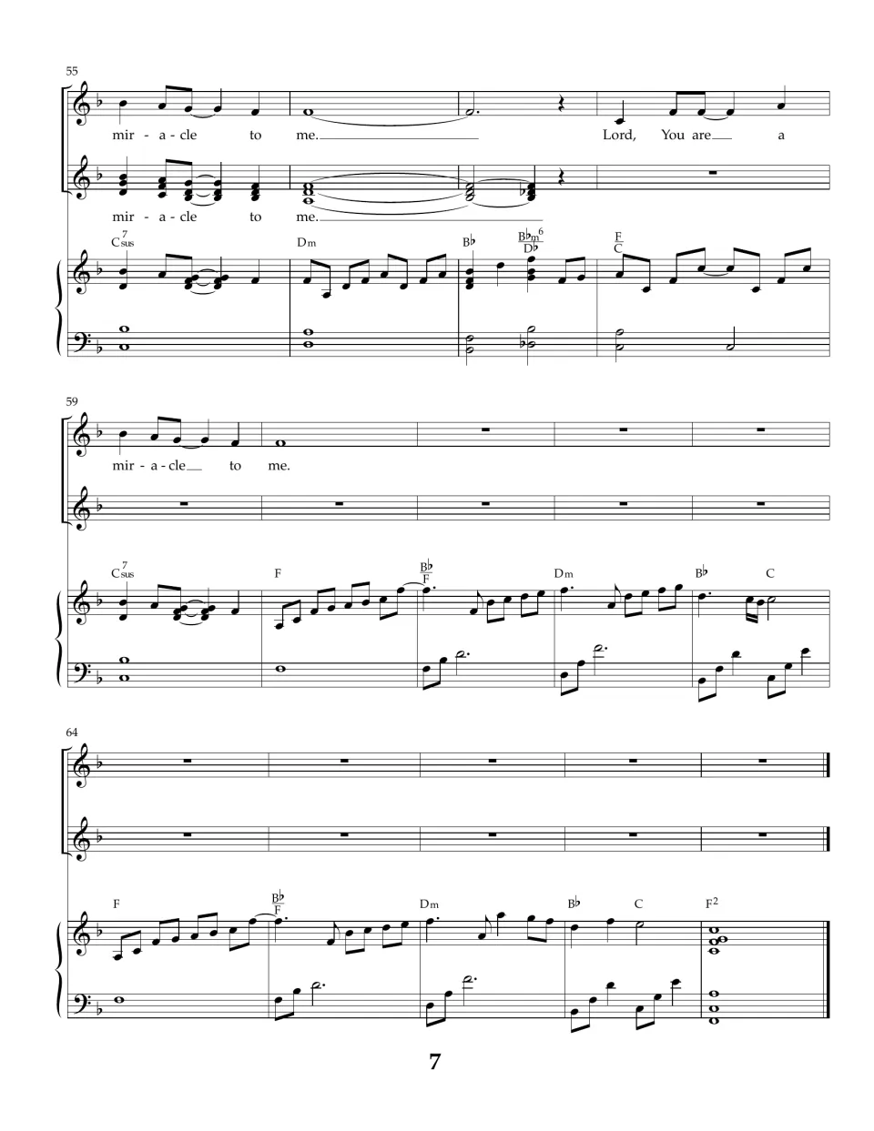 Final page, bars 55-68: last 'miracle to me' phrases, then a piano outro in F ending on an F2 chord