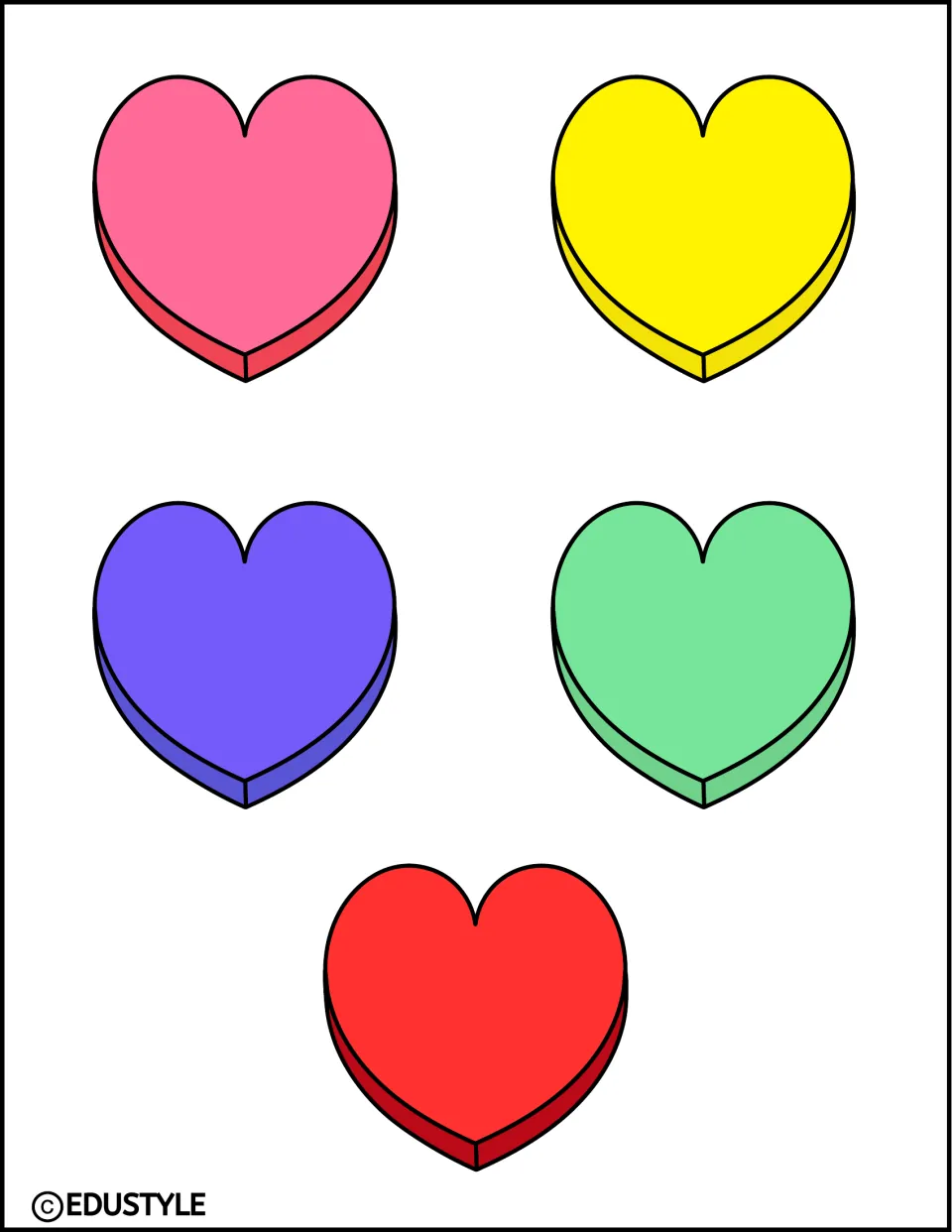 Small candy hearts: five smaller hearts in pink, yellow, purple, green and red spaced apart on one sheet for cutting out