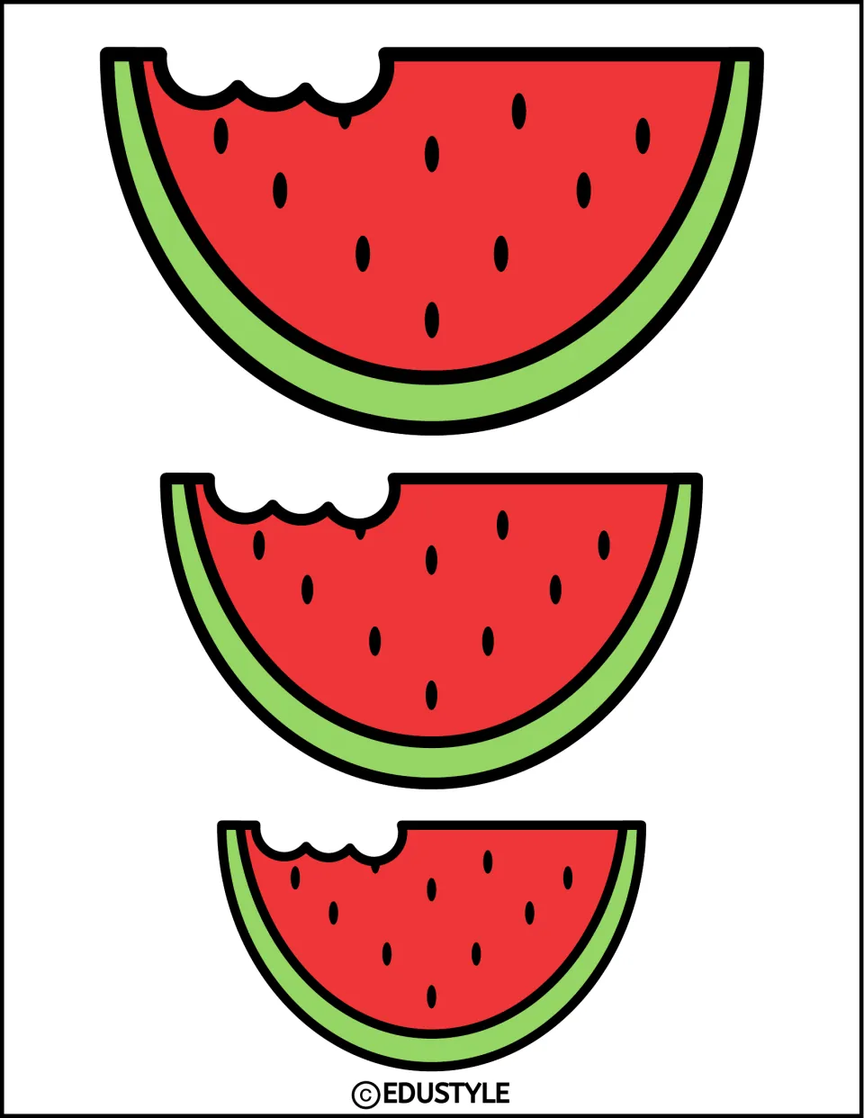 Bitten watermelon slices in three sizes, each with a bite taken from the upper left and black seeds on red
