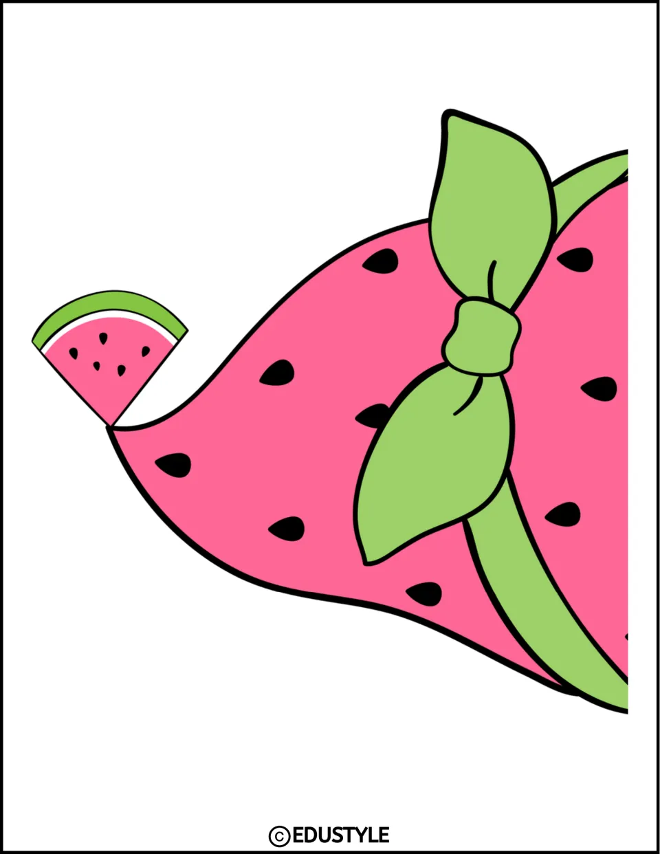 Enlarged gnome hat cut-out piece: pink watermelon-seed hat tip with a slice on top and green bow, cut at right edge