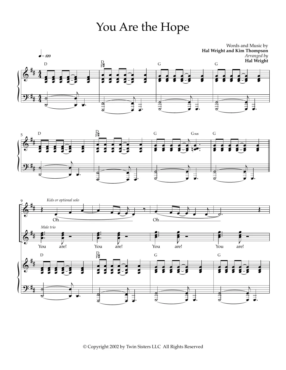 You Are the Hope score, bars 1-12: piano intro in D at 120 bpm, then kids sing Oh as a male trio answers You are!