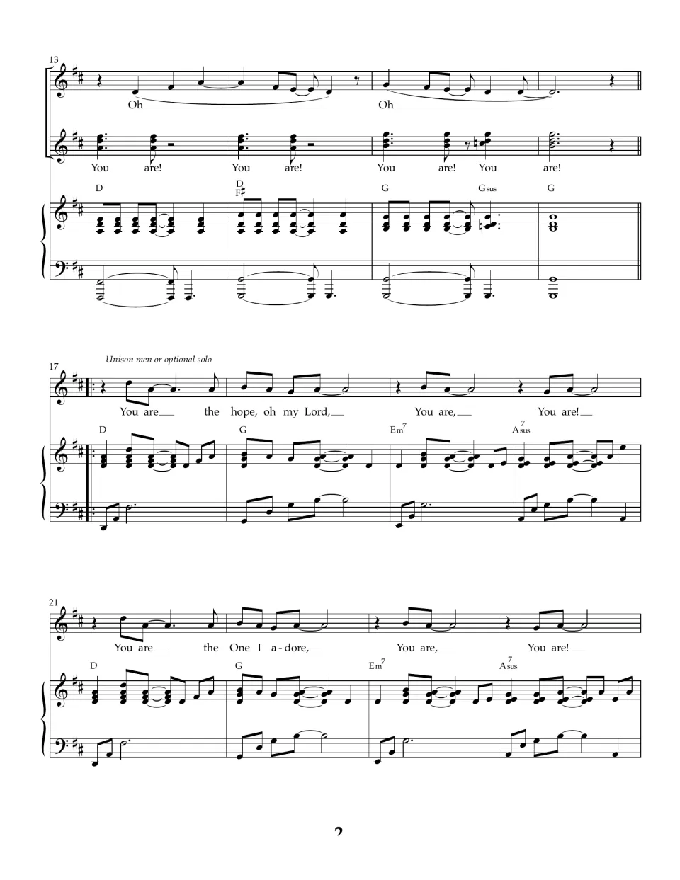 Choral score, bars 13-24: Oh and You are! echoes close the intro, then unison men sing the verse about the Lord they adore