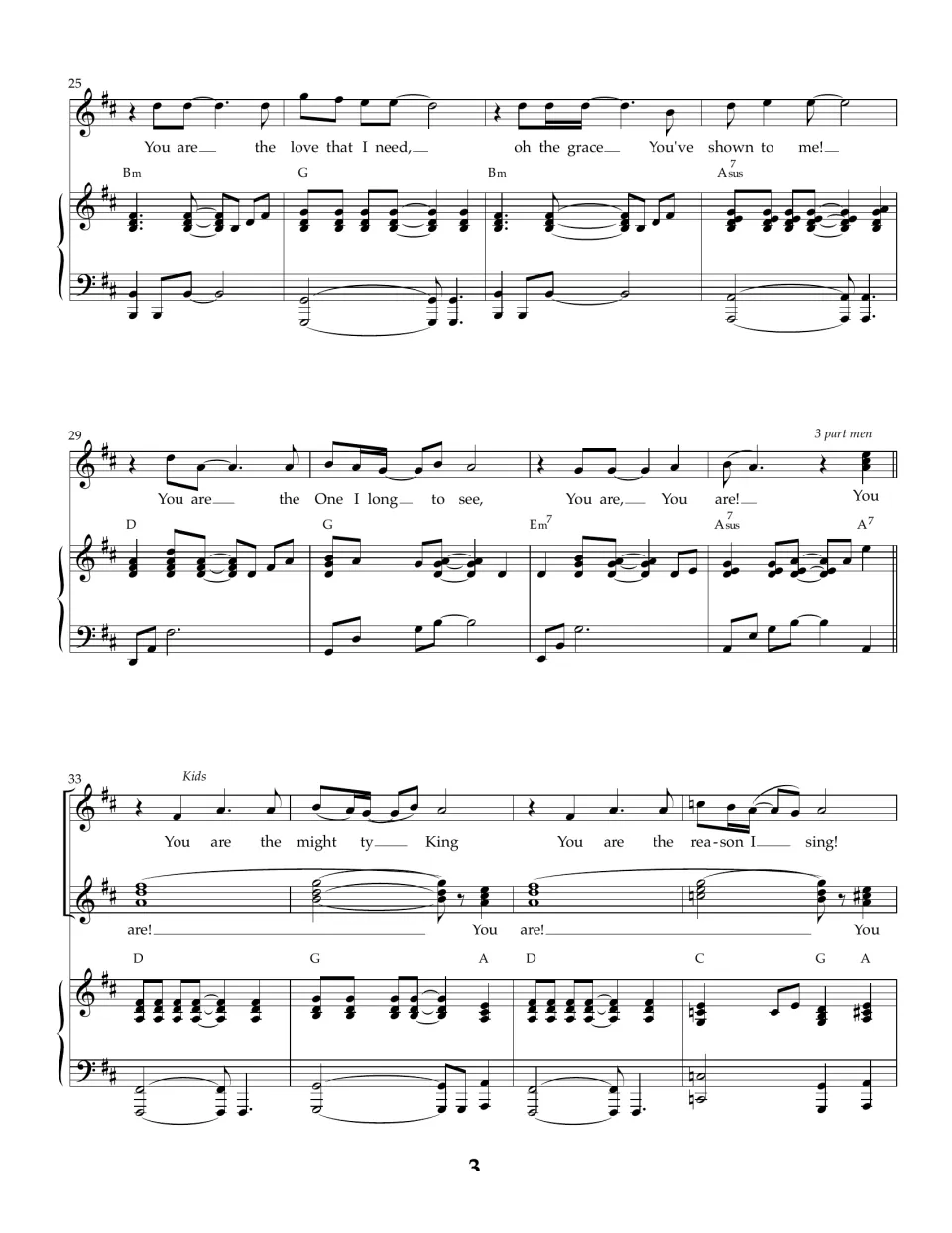 Choral score, bars 25-36: verse lyrics on love, grace and longing, then kids sing You are the mighty King over 3-part men