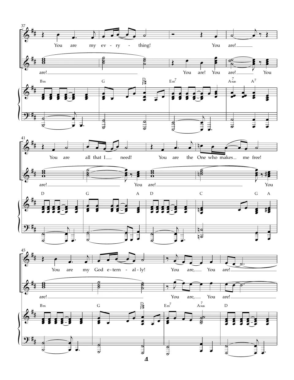 Choral score, bars 37-48: chorus with lyrics my everything, all that I need, makes me free and my God eternally