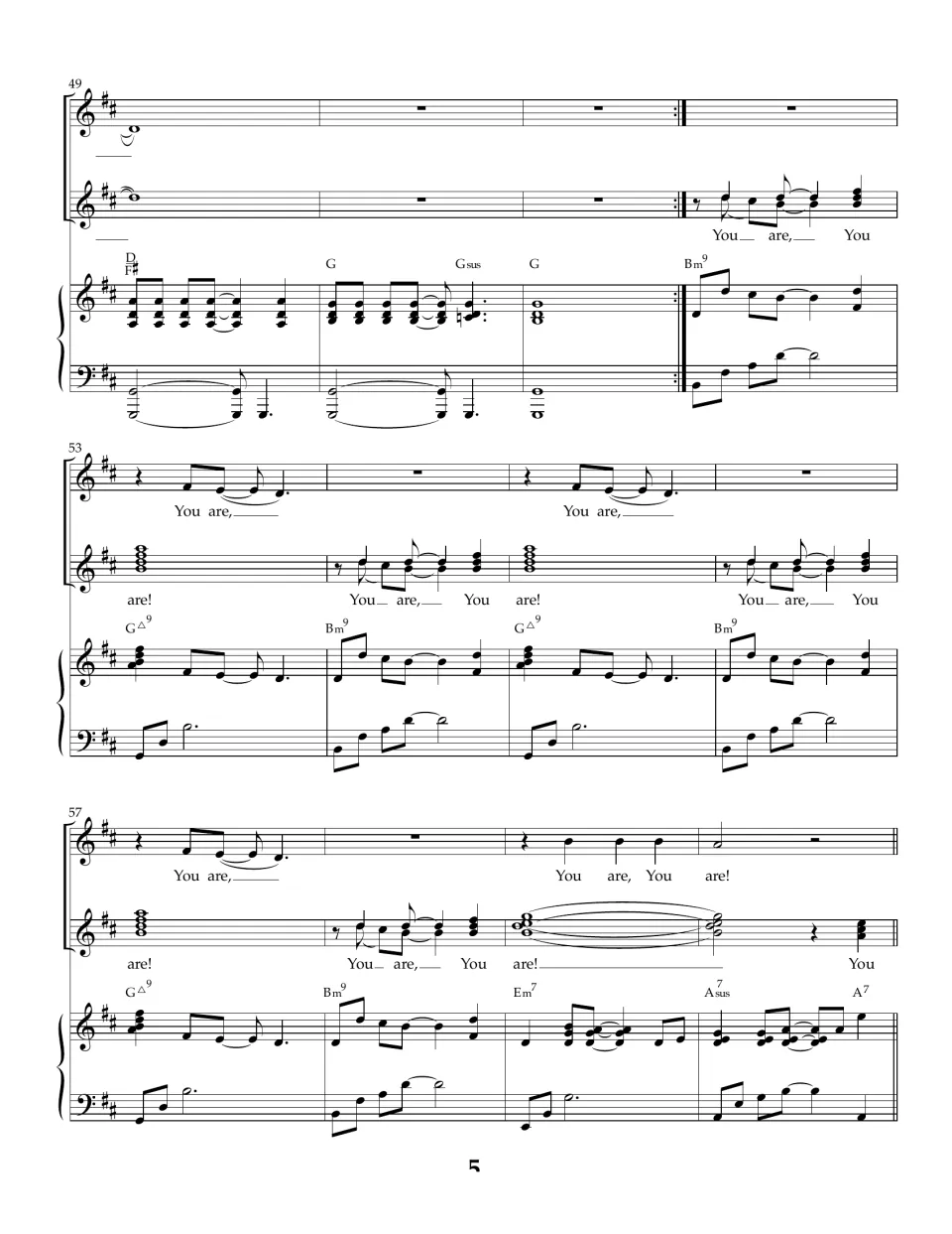 Choral score, bars 49-60: piano transition, then a bridge of echoed You are, You are! phrases over Bm9 and G chords