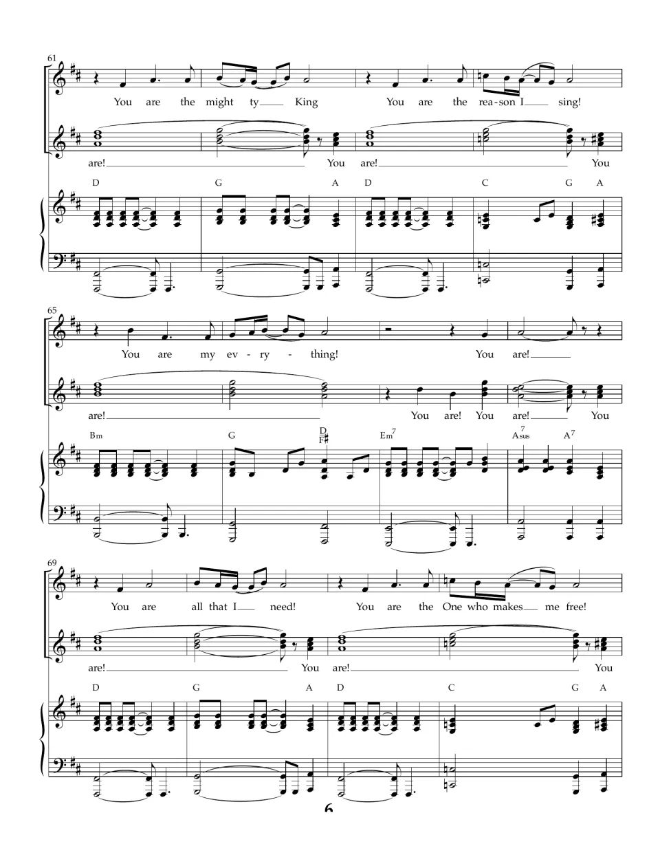 Choral score, bars 61-72: chorus returns with the mighty King, reason I sing, my everything and all that I need lyrics