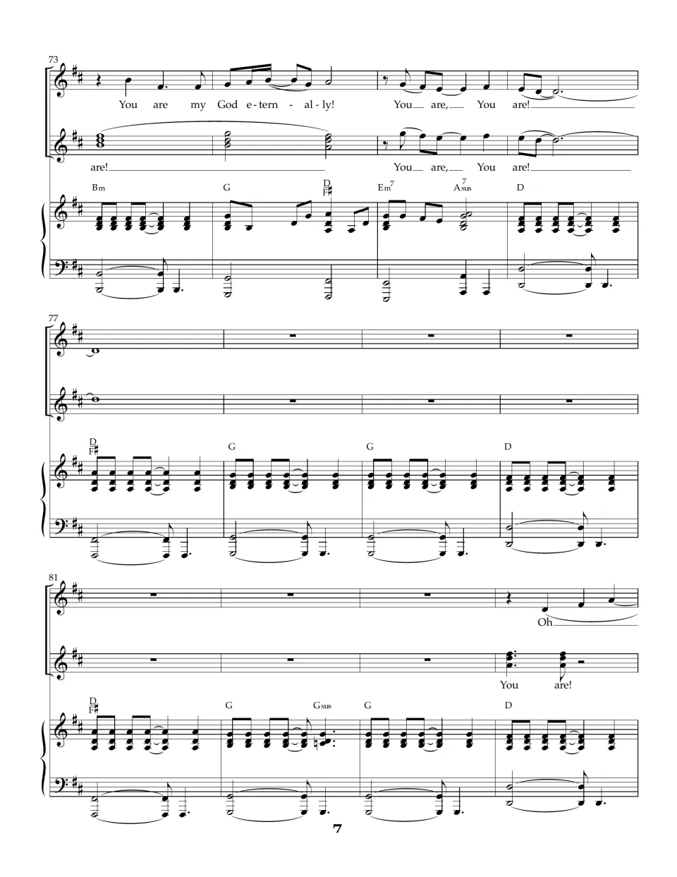 Choral score, bars 73-84: chorus ends on my God eternally, piano interlude follows, and the Oh and You are! outro begins