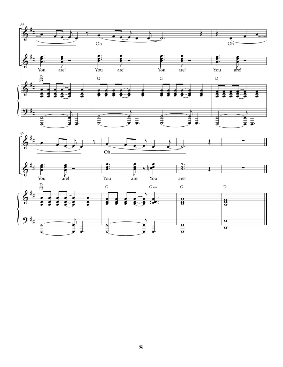 Choral score, bars 85-92: final Oh melody over repeated You are! echoes, ending on a held G chord and closing D chord