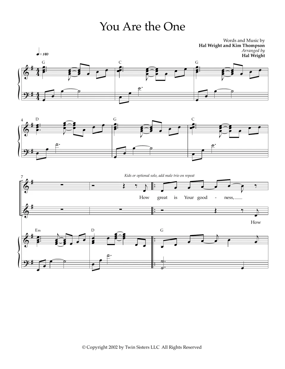 You Are the One sheet music, bars 1-9: G-major piano intro, then kids or solo sing "How great is Your goodness"