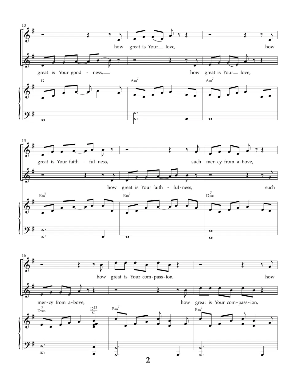 Worship song score, bars 10-18: two vocal lines echo "how great is Your love, faithfulness, compassion" over piano