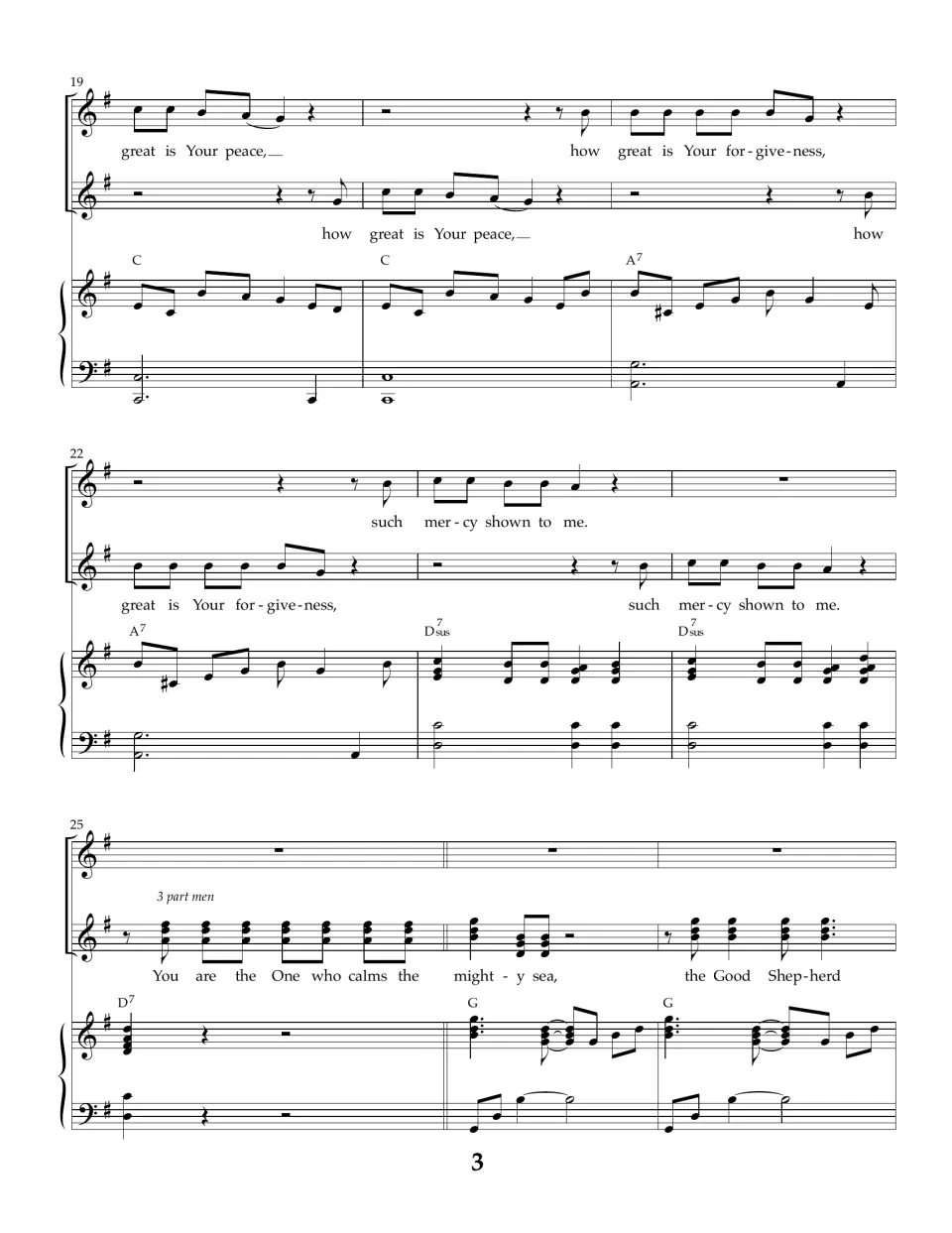 Song score, bars 19-27: echoed lines on peace and forgiveness, then a 3-part men's chorus begins about the Good Shepherd