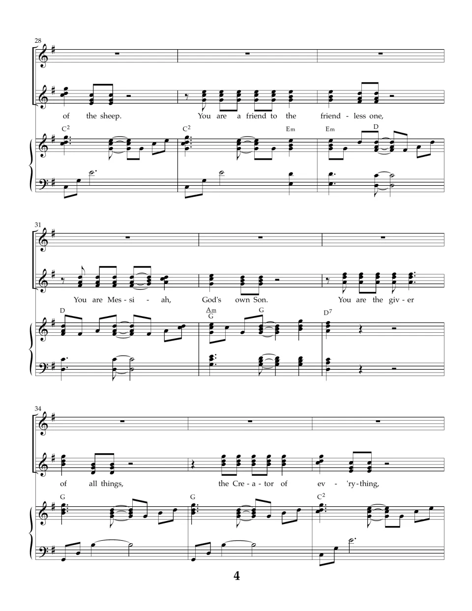 Men's chorus in three-part harmony, bars 28-36: "a friend to the friendless one," Messiah, God's own Son, Creator