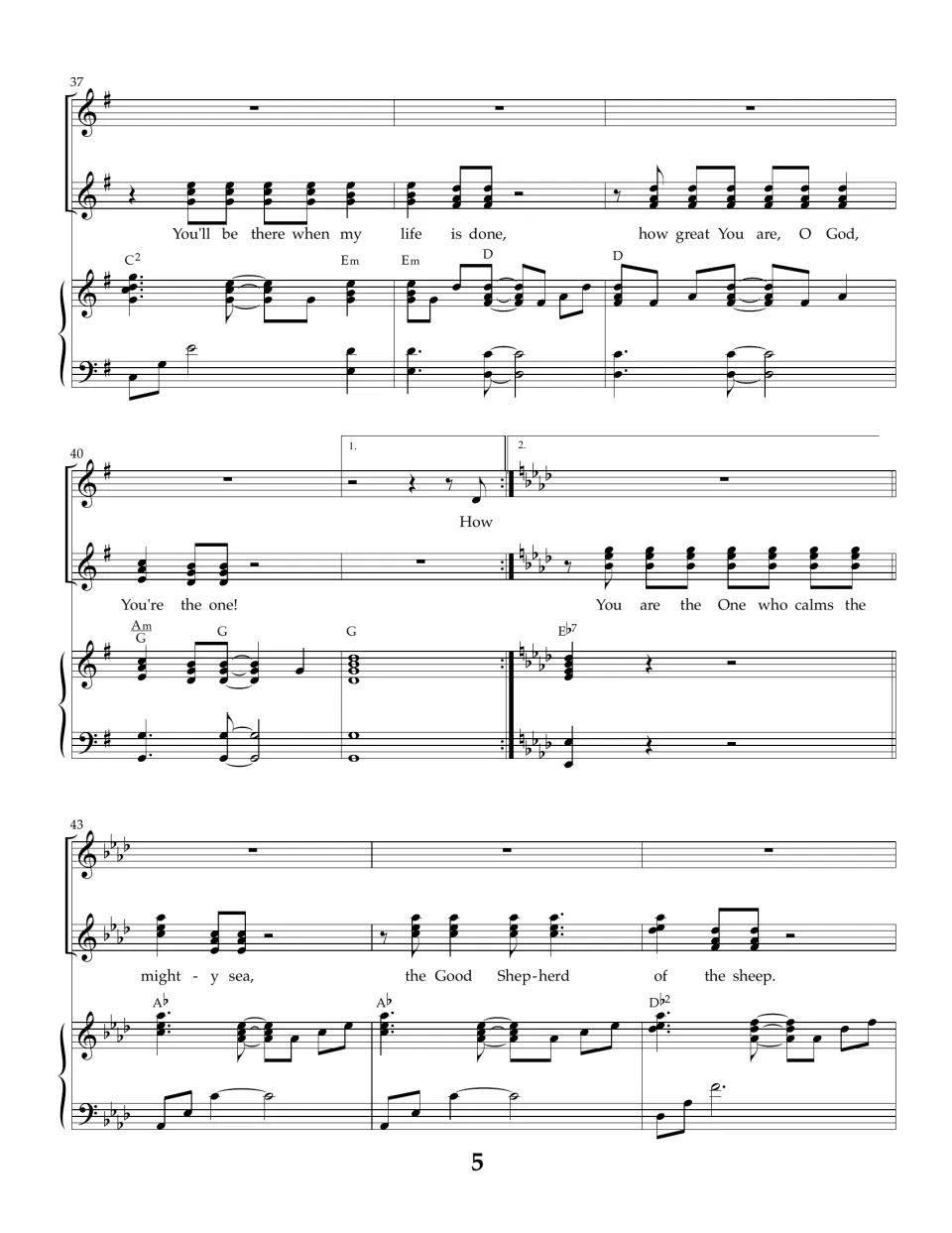 Chorus ending "You'll be there when my life is done," first and second endings, then a key change to A-flat, bars 37-45