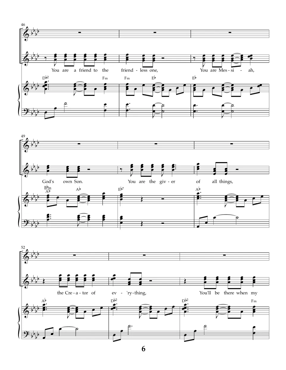 Chorus repeated in A-flat, bars 46-54: men's three-part harmony on friend, Messiah, giver of all things and Creator