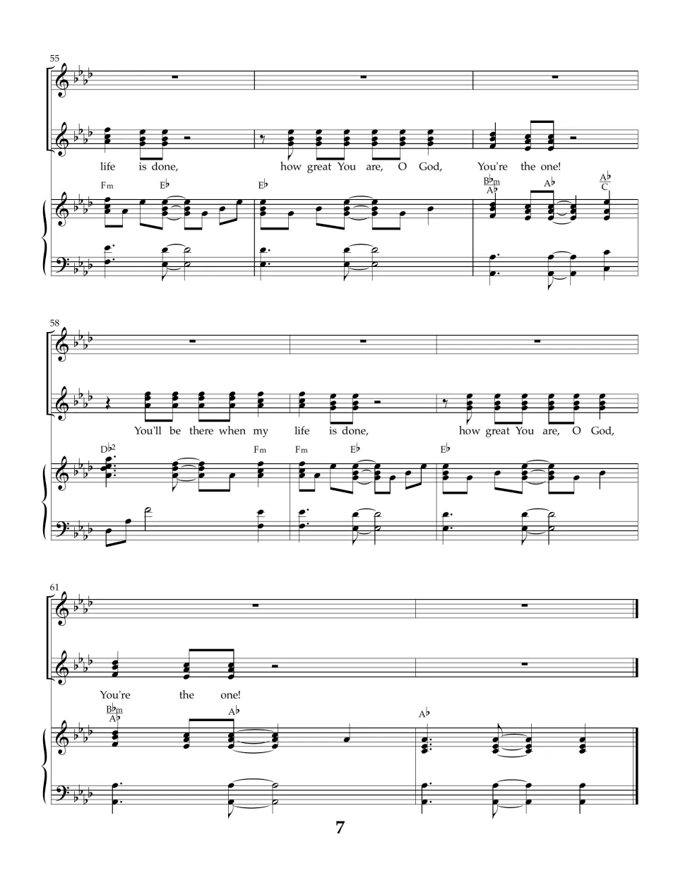 Final page of the song, bars 55-62: "how great You are, O God" sung twice, ending on "You're the one!" in A-flat