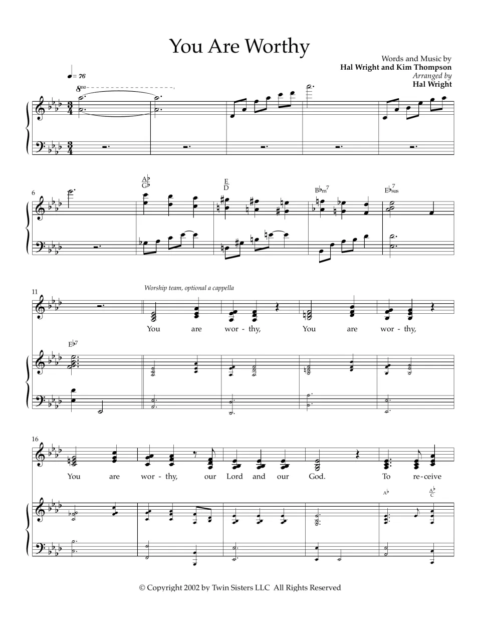 Piano-vocal score, measures 1-20: piano intro, then worship team sings 'You are worthy, our Lord and our God'