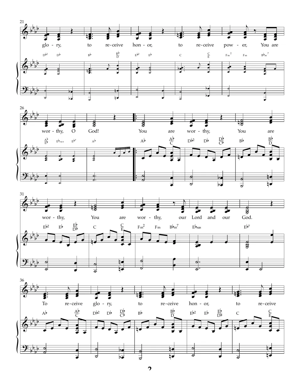 Measures 21-40 of the score: chorus lyrics 'to receive glory, honor, power' with chord symbols above piano accompaniment