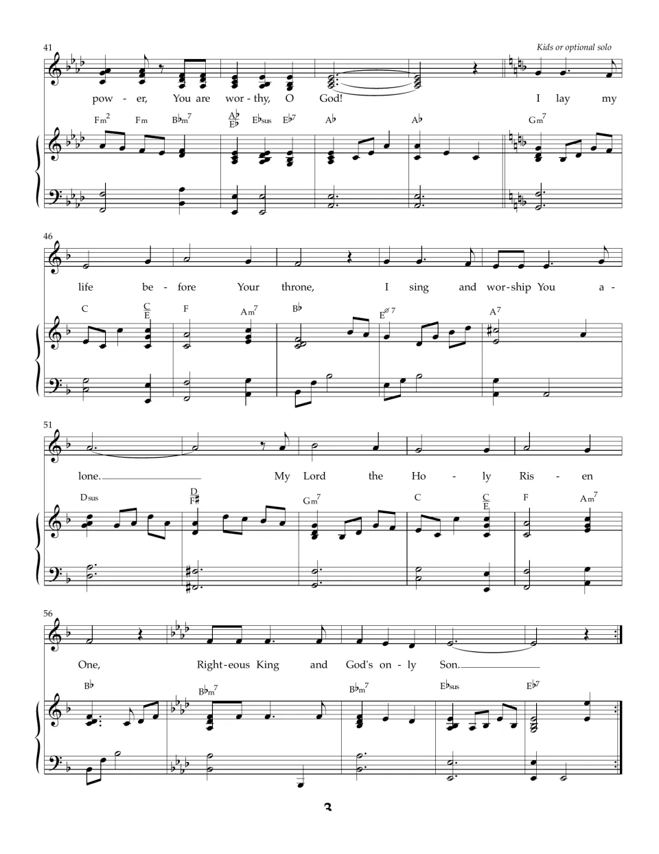 Measures 41-60: key change to F for a kids or optional solo verse, 'I lay my life before Your throne', with chord symbols