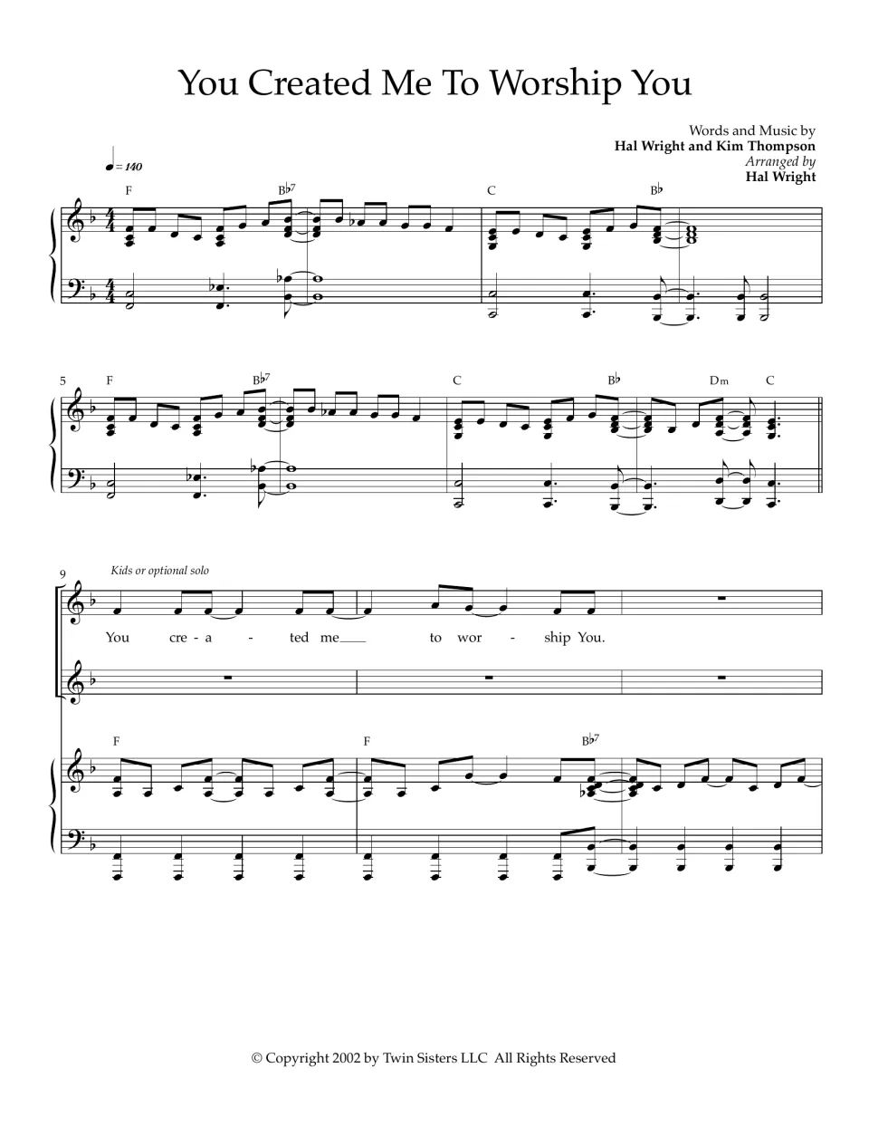 You Created Me To Worship You score, bars 1-11: F major piano intro in 4/4 at 140, then kids or solo sing the first line