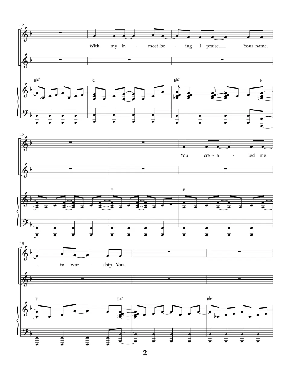 Song score, bars 12-20: solo sings "With my inmost being I praise Your name" and repeats the opening line over piano